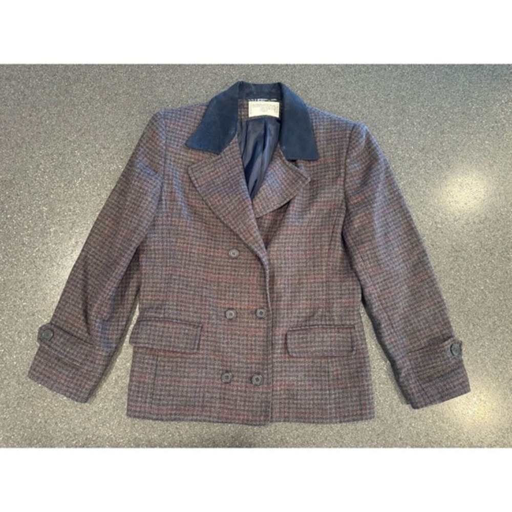 Vintage International Scene Wool Plaid Equestrian Double Breasted Coat Sz 14